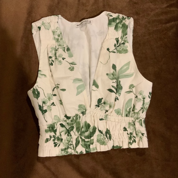 Abercrombie & Fitch White Green M Linen/Cotton Top Cropped Coquette Scandi Girl - Picture 2 of 9